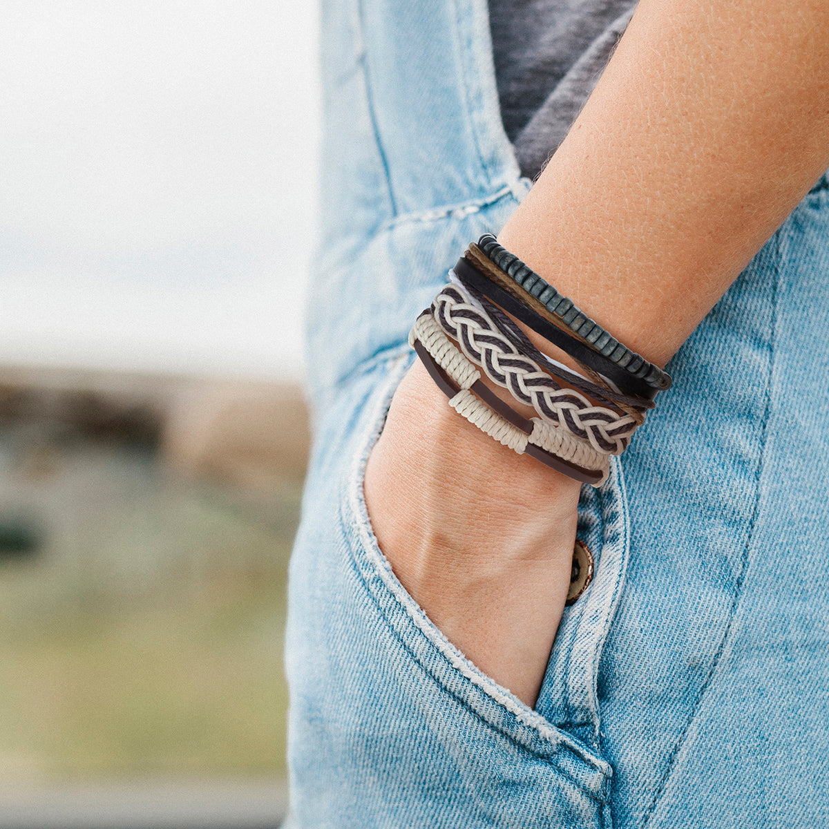 WBST29 - Mens Whirlybird Brown And Cream Braided Stacker Bracelets