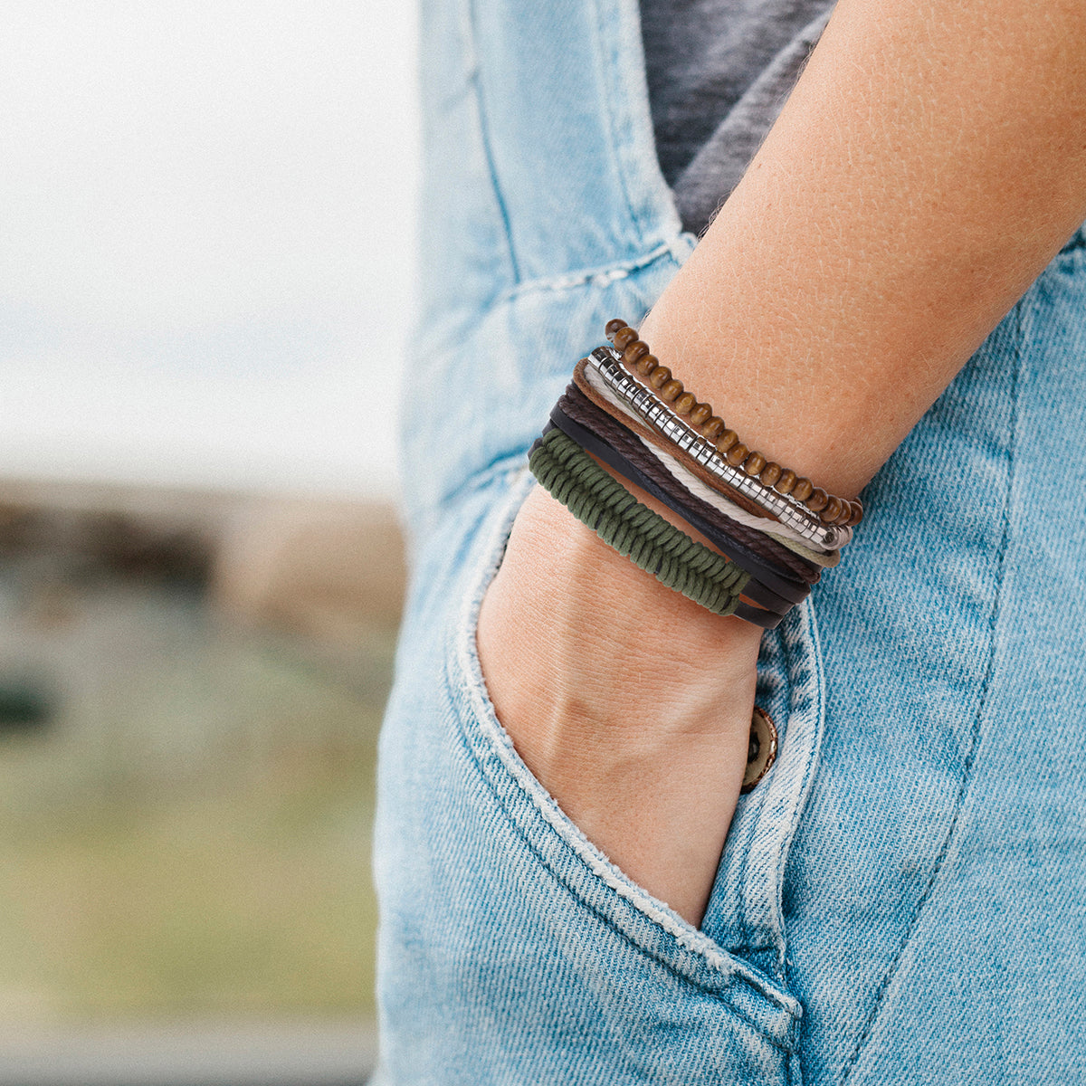 Mens Whirlybird Green Fishtail Braided Stacker Bracelets