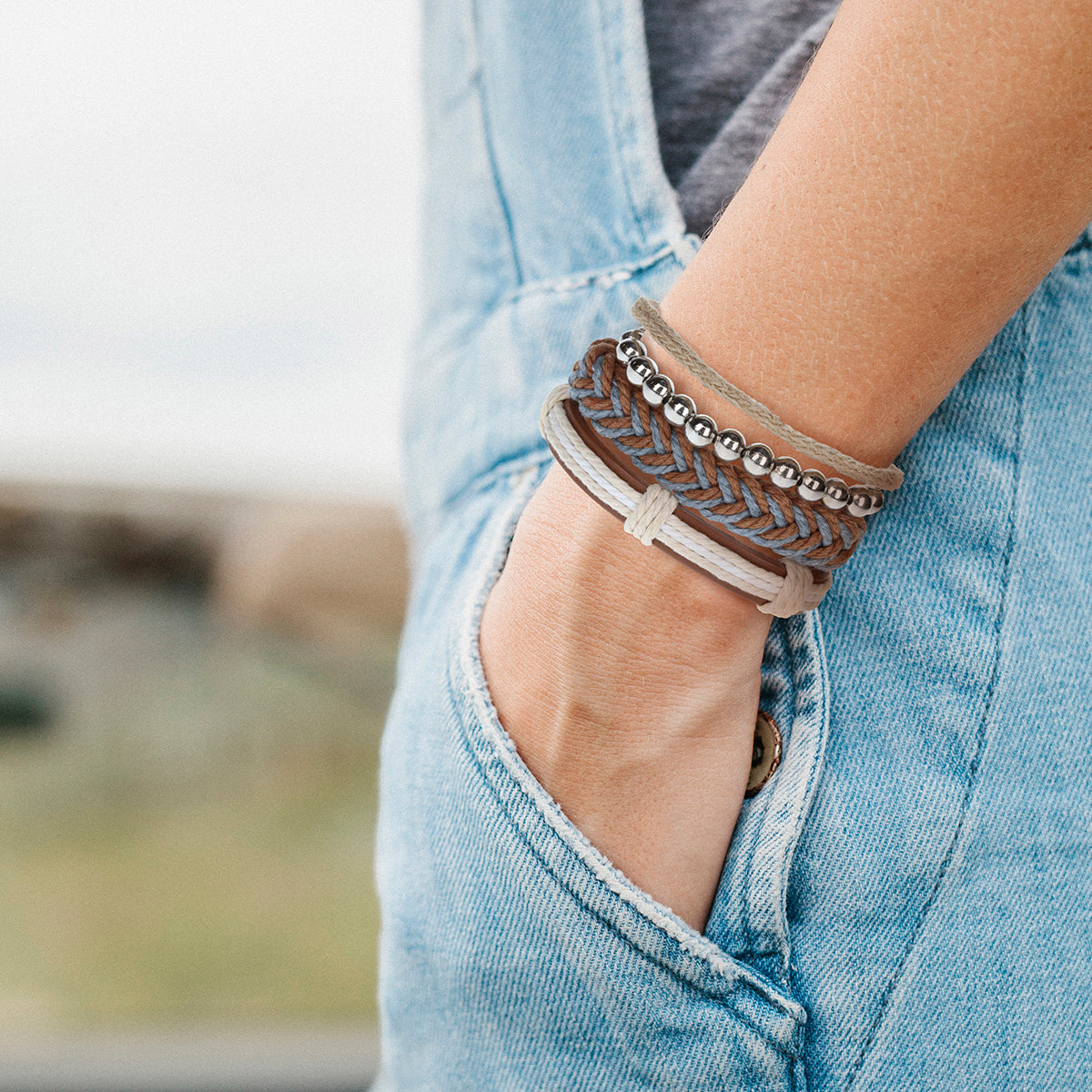WBST33 - Mens Whirlybird Brown And Grey Chunky Braided Stacker Bracelets