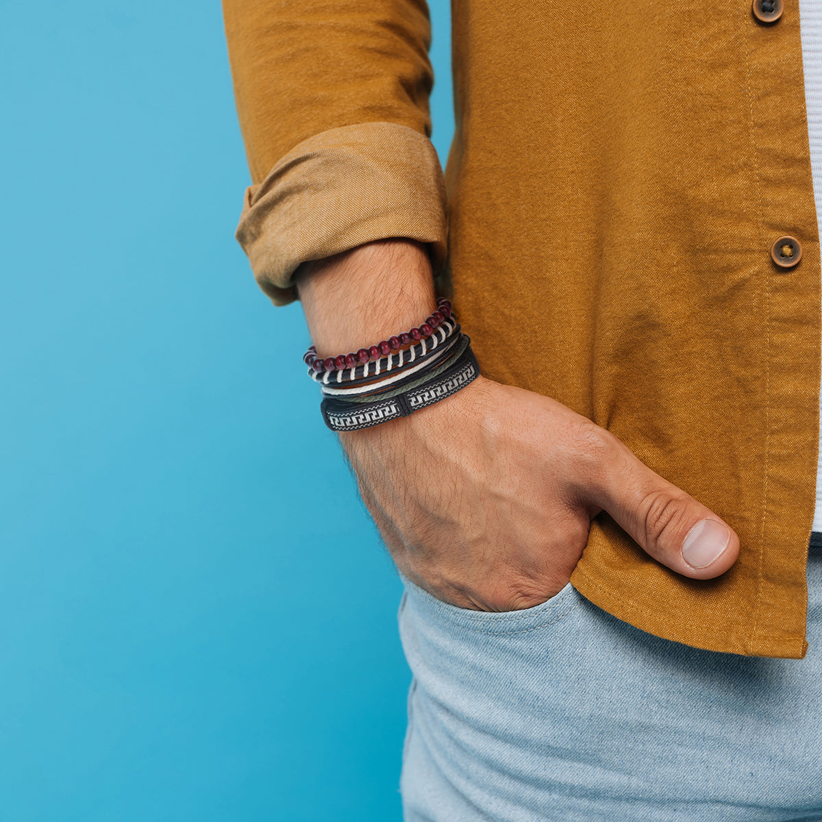 Mens Whirlybird Black And Silver Patterned Stacker Bracelets