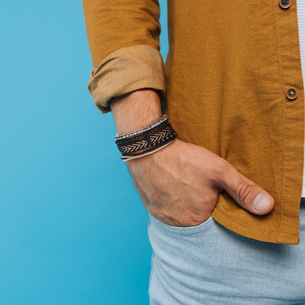 Mens Whirlybird Black And Orange Patterned Stacker Bracelets
