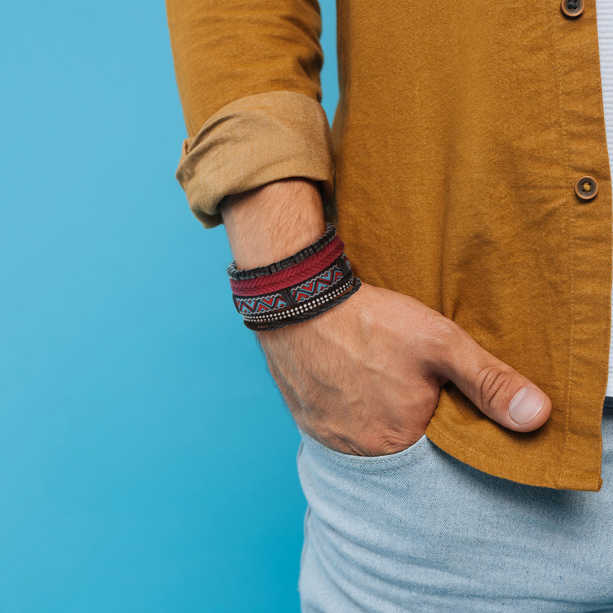 Mens Whirlybird Blue And Red Patterned Stacker Bracelets