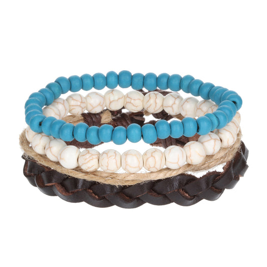 WBST56 - Mens Whirlybird Blue And White Marble Beaded Stacker Bracelets