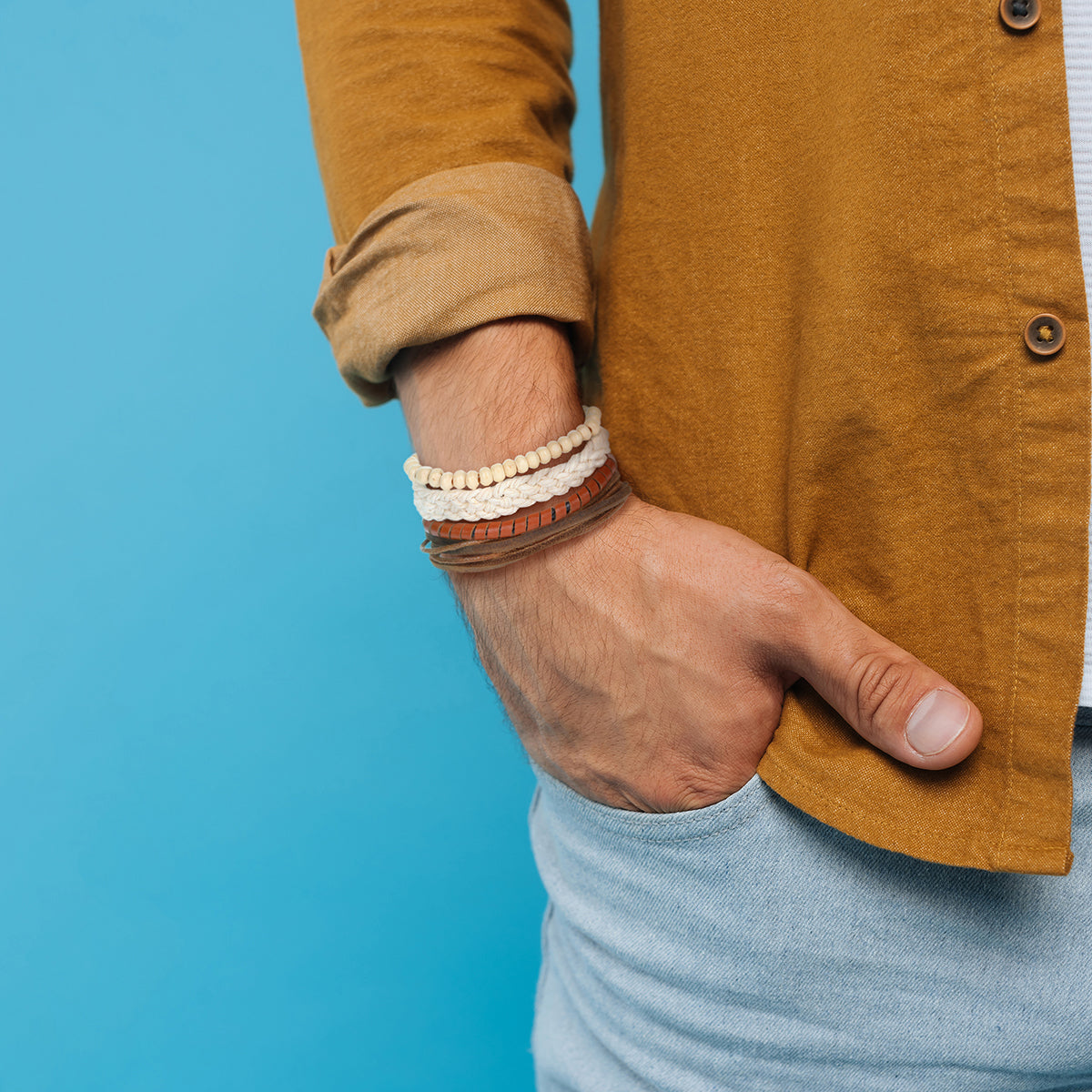 WBST57 - Mens Whirlybird Brown Cube Beaded Stacker Bracelets