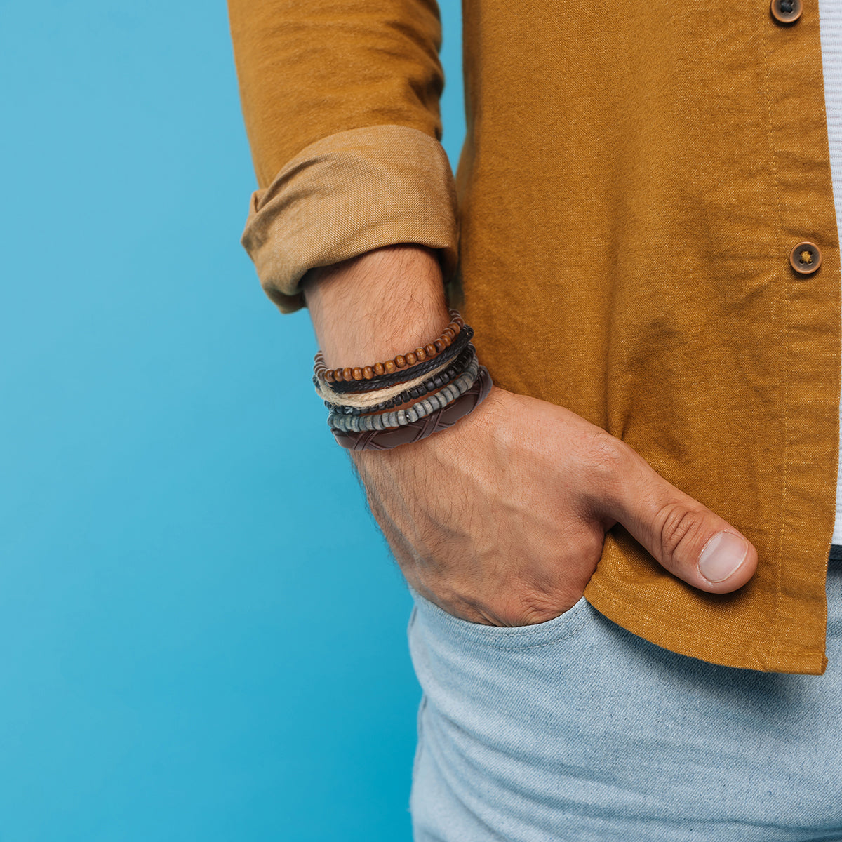 WBST59 - Mens Whirlybird Brown Leather Cross Stacker Bracelets