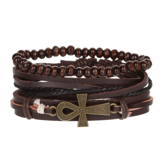 WBST61 - Mens Whirlybird Brown Leather Key Of Life Stacker Bracelets