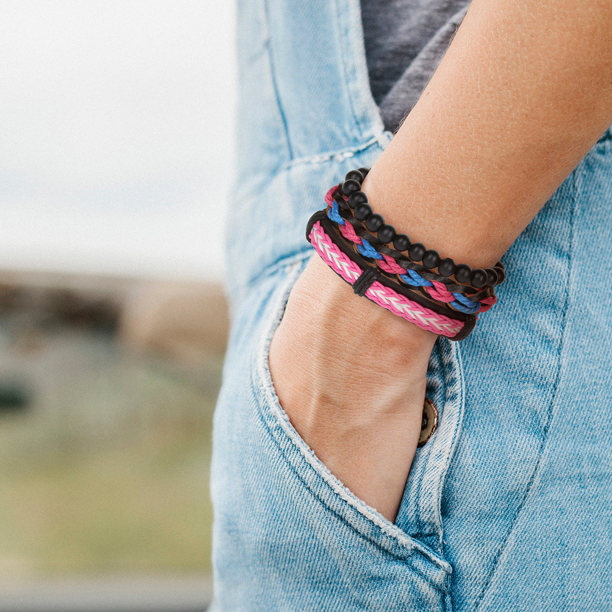 Mens Whirlybird Pink And Blue Braided Stacker Bracelets