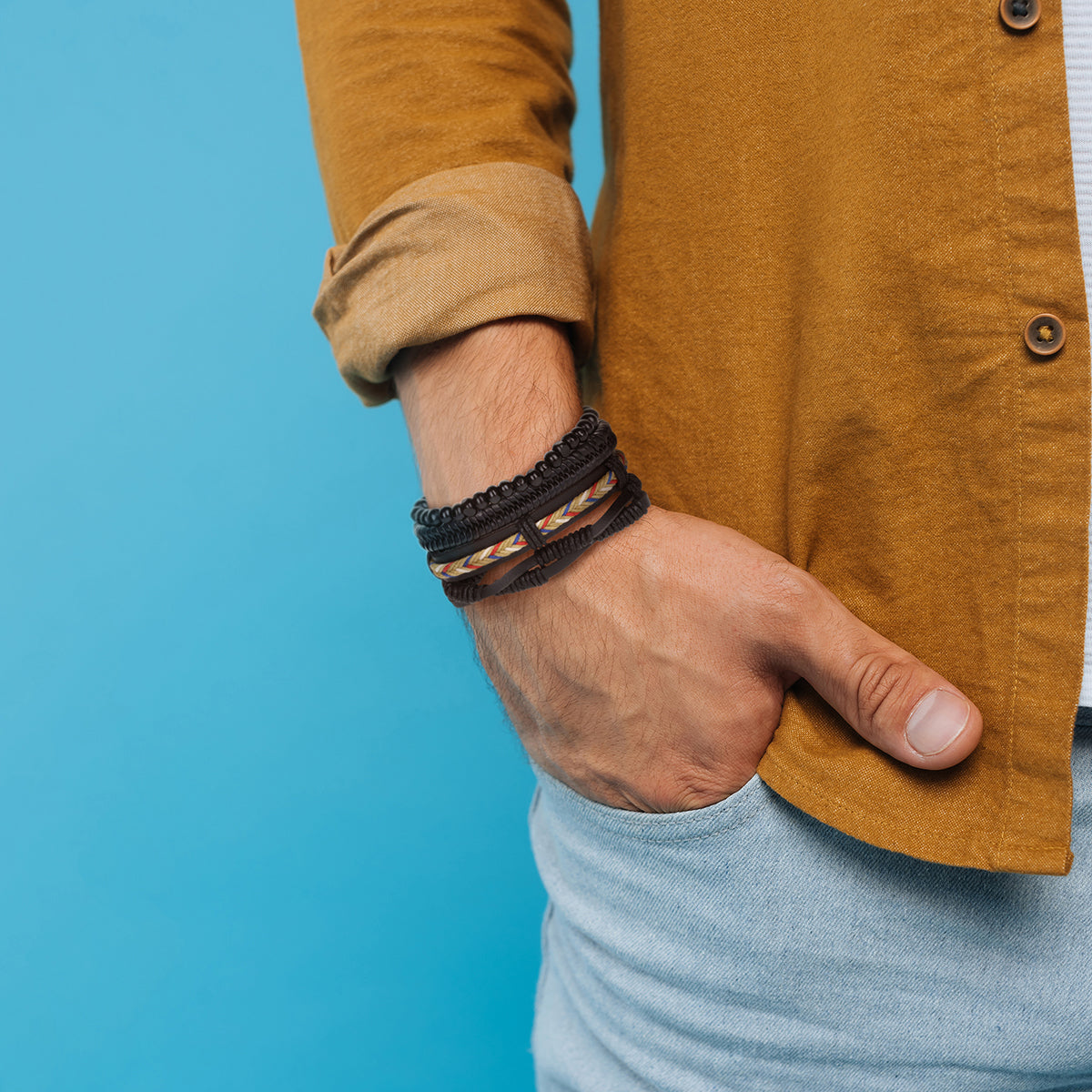 Mens Whirlybird Black And Multicoloured Braided Stacker Bracelets