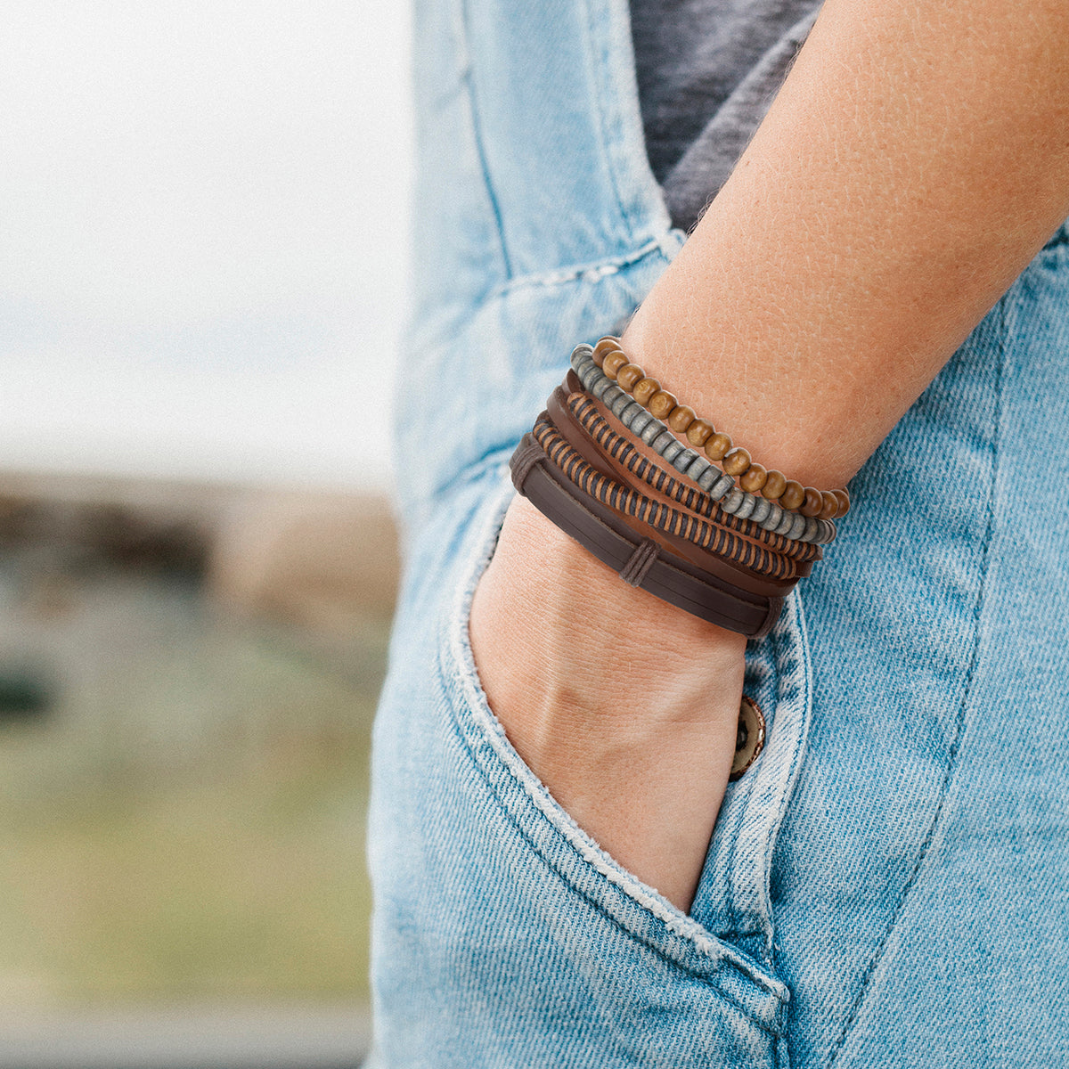 Mens Whirlybird Brown And Terracotta Striped Stacker Bracelets