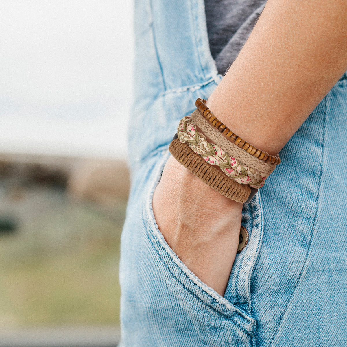 WBST80 - Mens Whirlybird Beige And Pink Flower Patterned Braided Stacker Bracelets