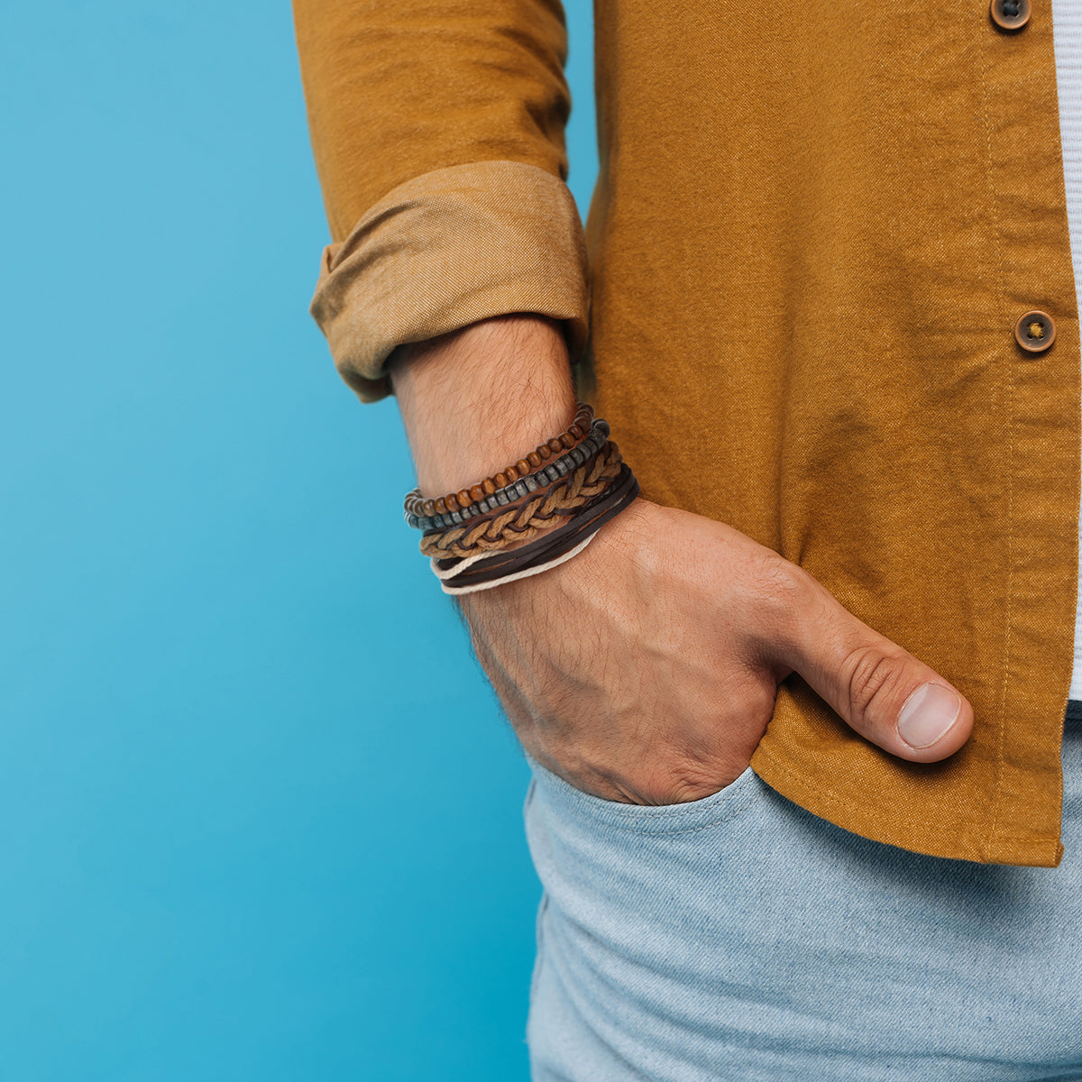Mens Whirlybird Brown, Grey And Brown Stacker Bracelets