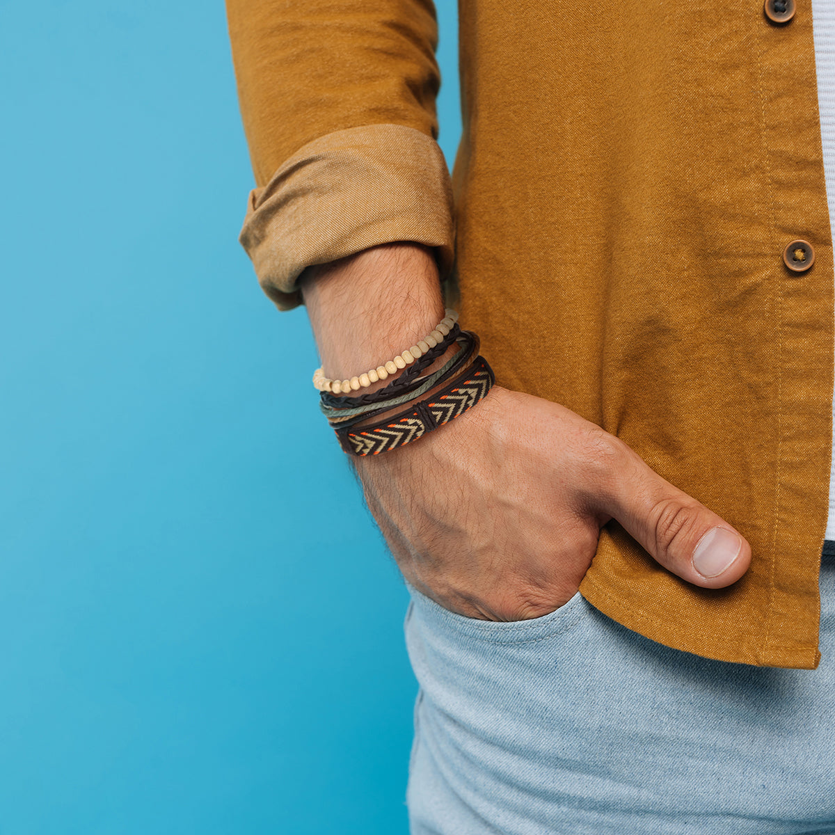 Mens Whirlybird Brown, Orange And Beige Patterned Stacker Bracelets