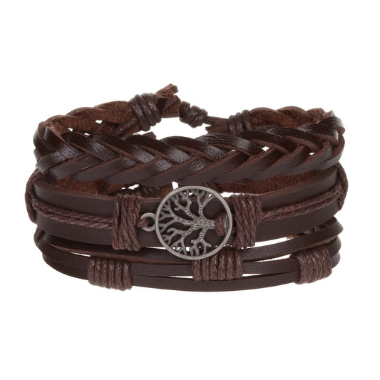 WBST87 - Mens Whirlybird Brown And Silver Family Tree Of Life Charm Stacker Bracelets