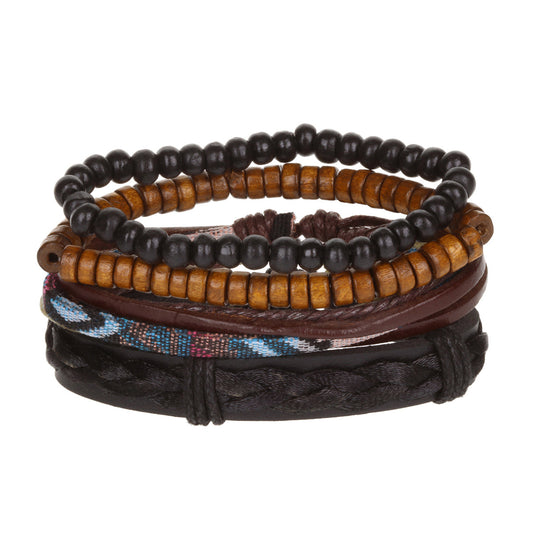 WBST96 - Mens Whirlybird Multicoloured Cotton And Leather Stacker Bracelets
