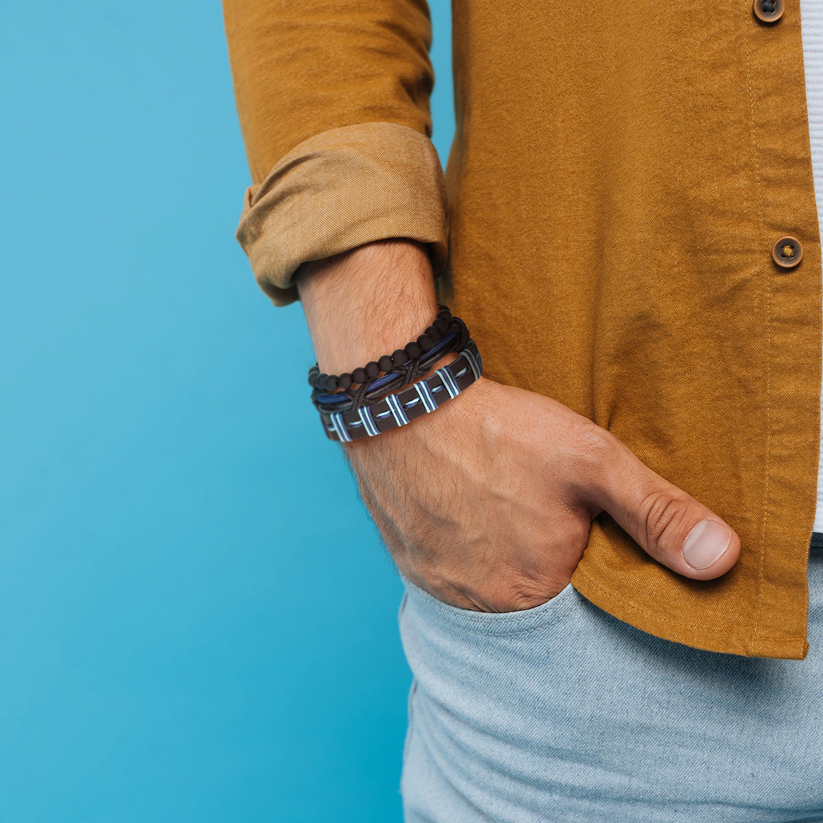 WBST106 - Mens Whirlybird Blue And Black Wrapped Leather Stacker Bracelets