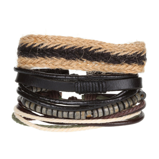 WBST109 - Mens Whirlybird Black And Beige Braided Stacker Bracelets