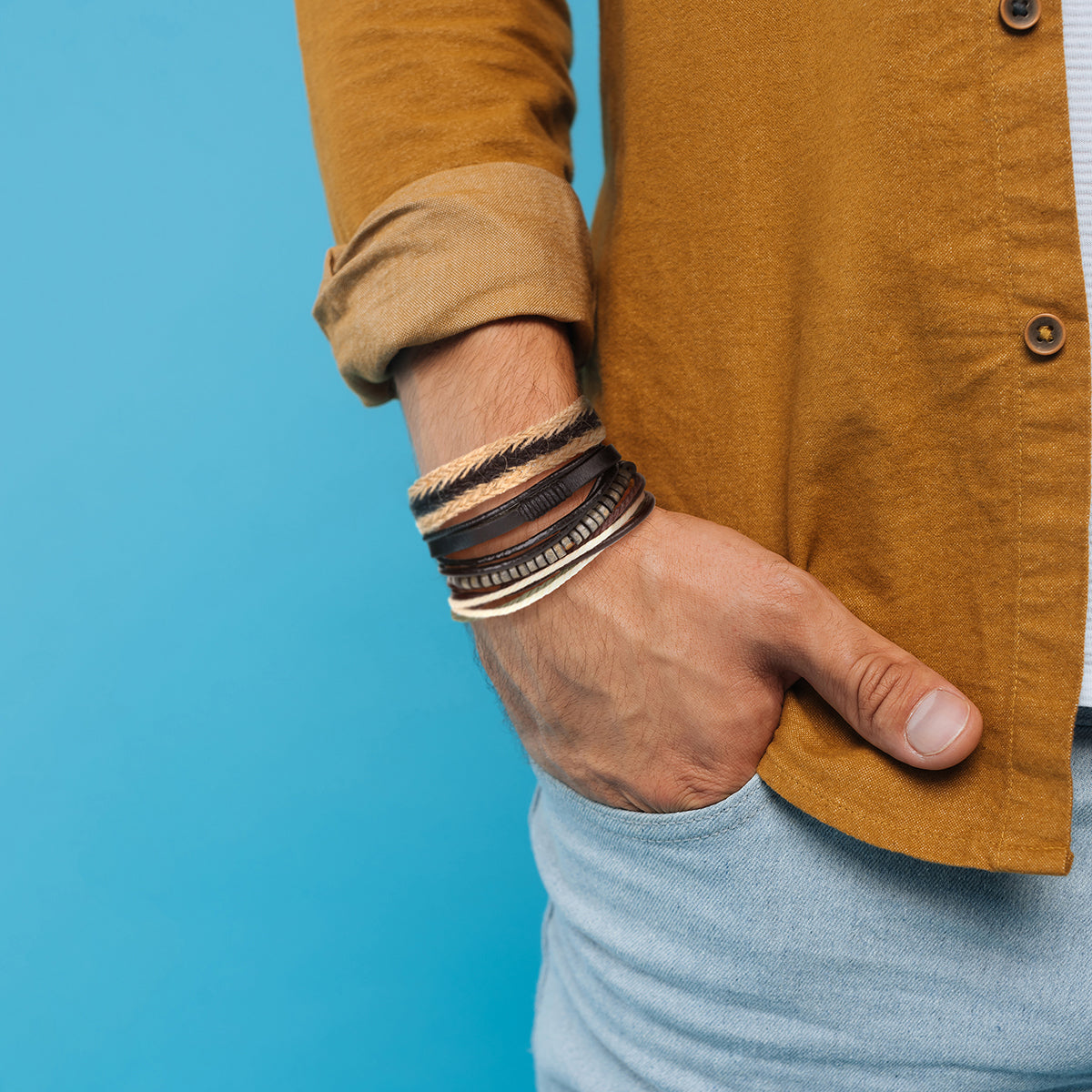 WBST109 - Mens Whirlybird Black And Beige Braided Stacker Bracelets