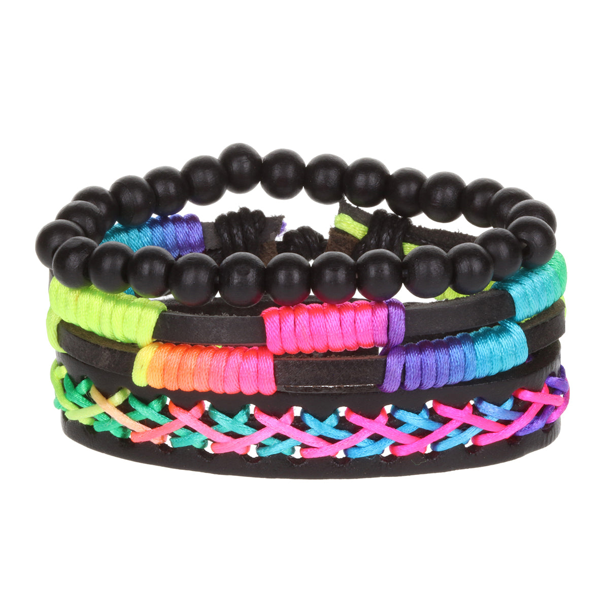 Mens Whirlybird Neon Ombre Cross Stitch Leather Stacker Bracelets