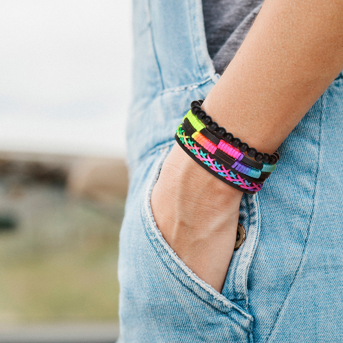 Mens Whirlybird Neon Ombre Cross Stitch Leather Stacker Bracelets