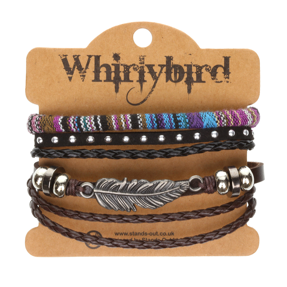 Mens Whirlybird Silver Feather Charm Striped Stacker Bracelets