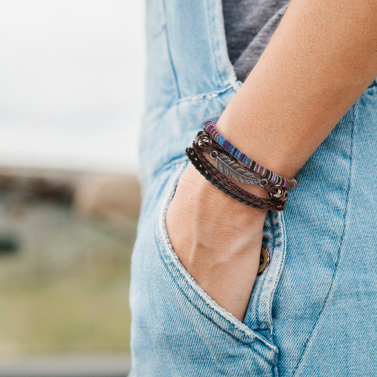 Mens Whirlybird Silver Feather Charm Striped Stacker Bracelets