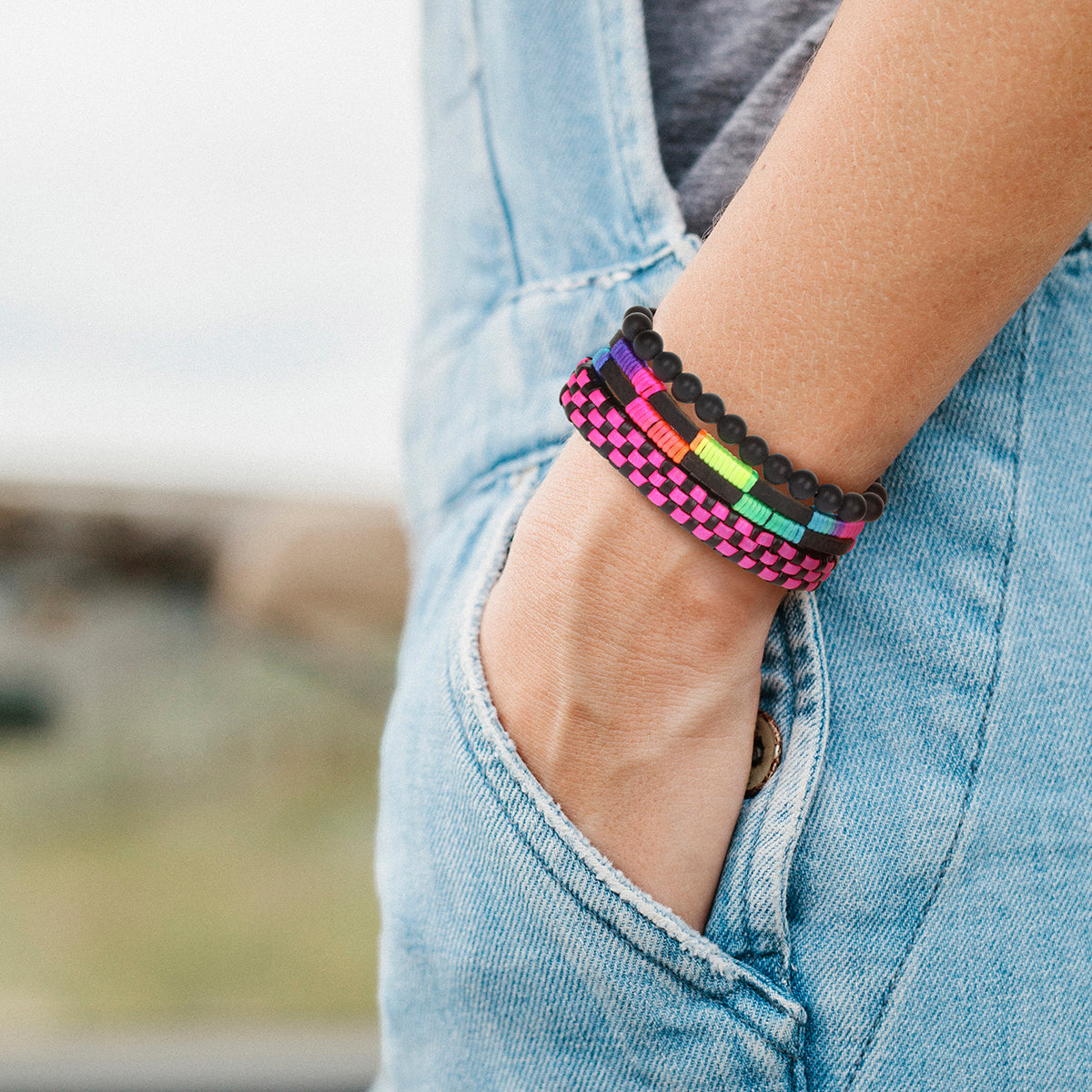WBST121 - Mens Whirlybird Black And Pink Woven Stacker Bracelets
