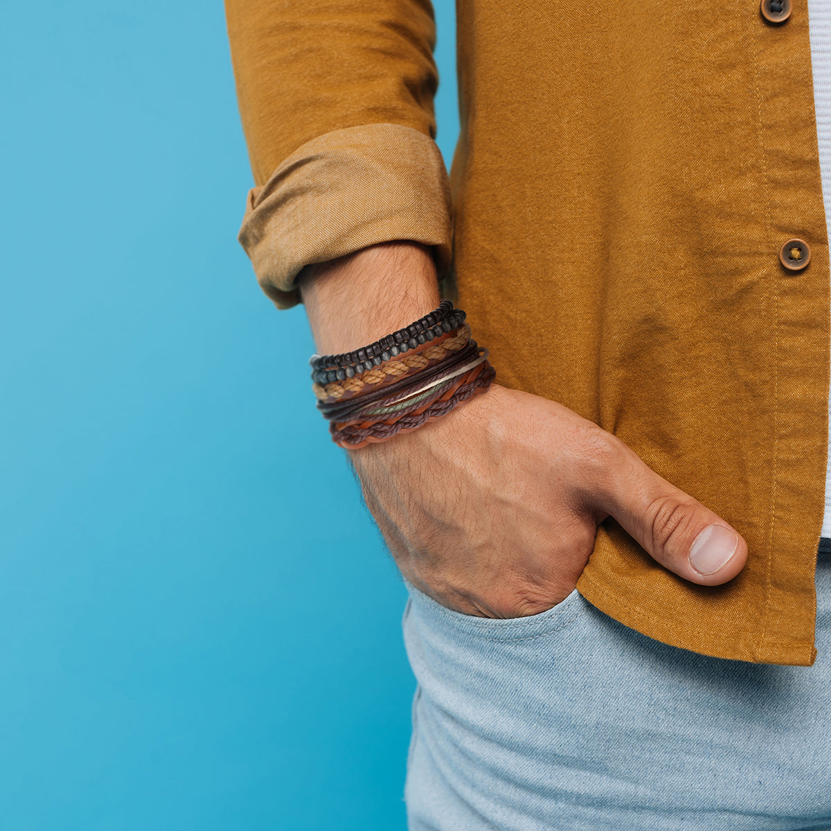 Mens Whirlybird Terracotta Leather And Cotton Braided Stacker Bracelets