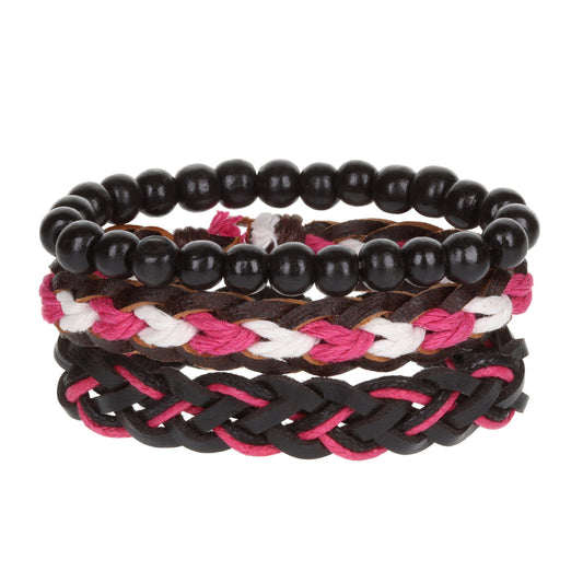 WBST129 - Mens Whirlybird Dark Brown, Pink and White Braided Stacker Bracelets
