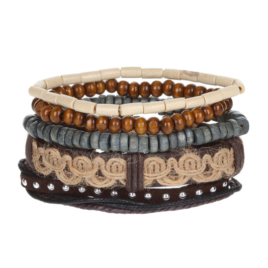 WBST131 - Mens Whirlybird Brown And Cream Weaved Leather Stacker Bracelets