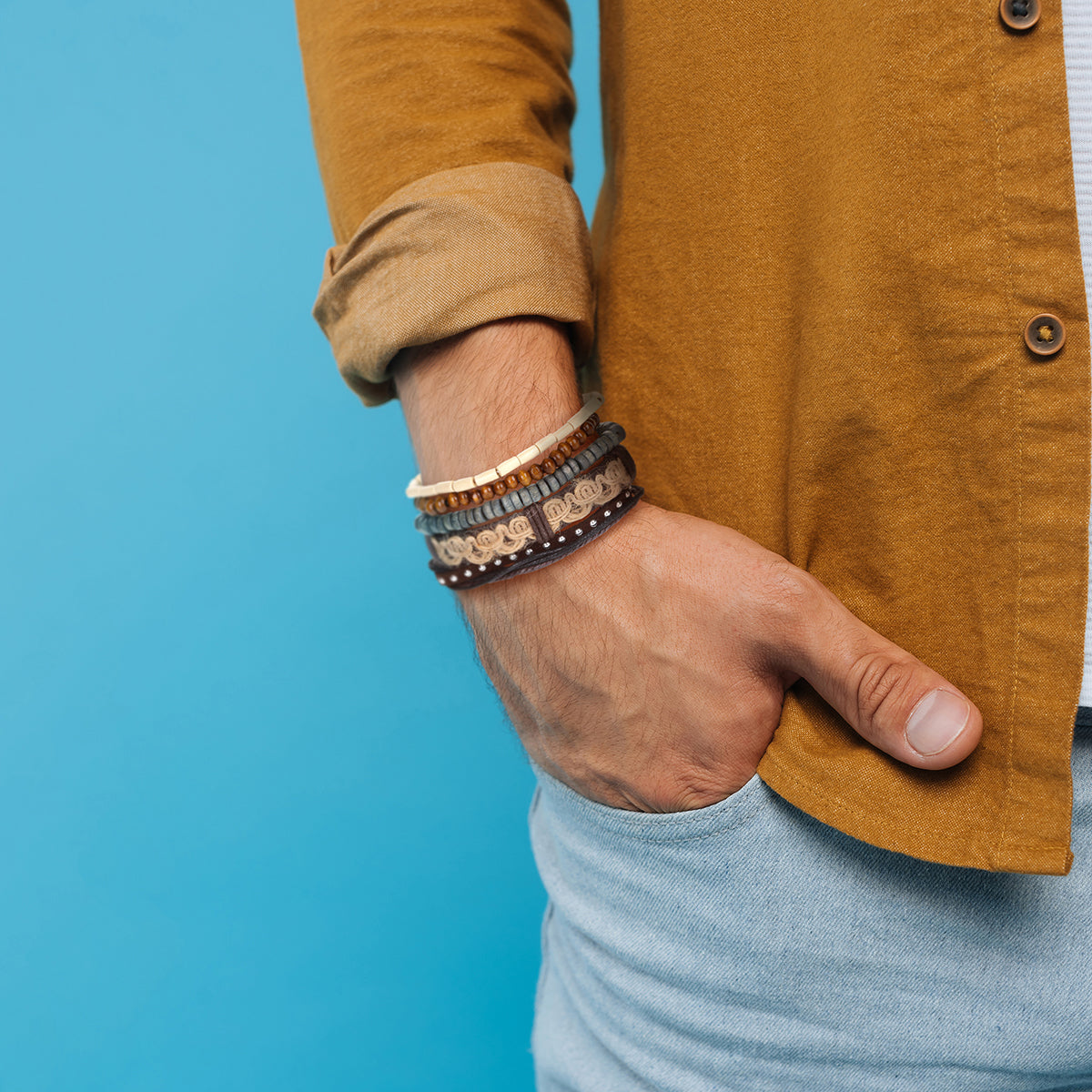 WBST131 - Mens Whirlybird Brown And Cream Weaved Leather Stacker Bracelets