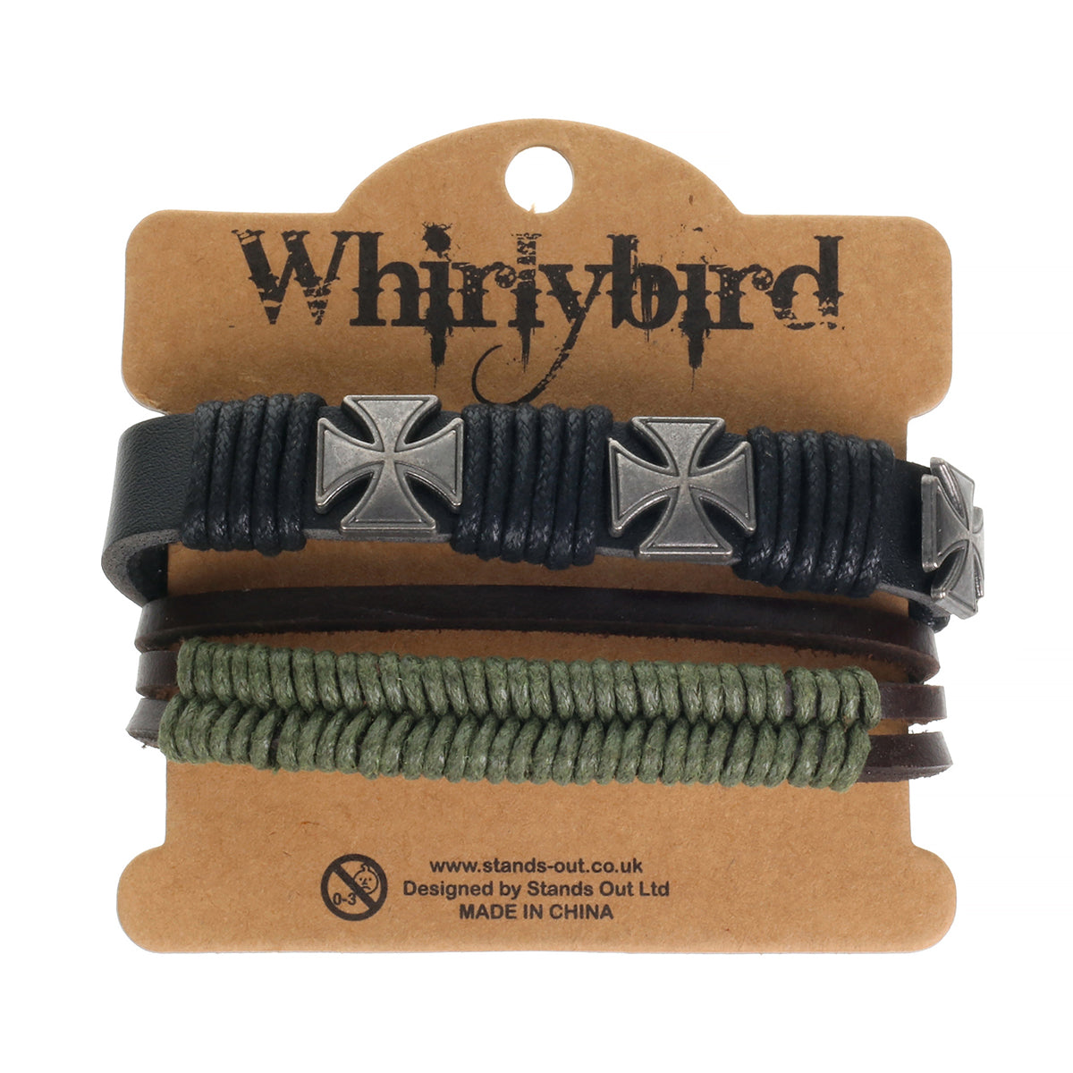 Mens Whirlybird Black And Khaki Braided Stacker Bracelets With Silver Cross Studs