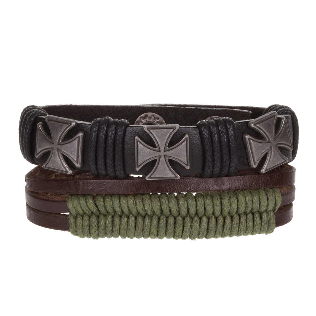 Mens Whirlybird Black And Khaki Braided Stacker Bracelets With Silver Cross Studs