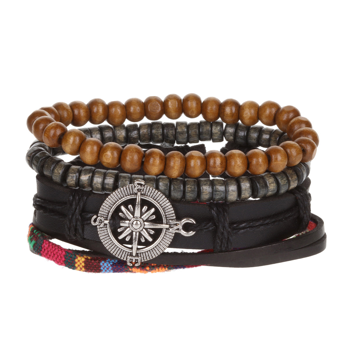Mens Whirlybird Multicoloured Striped Stacker Bracelets With A Compass Charm