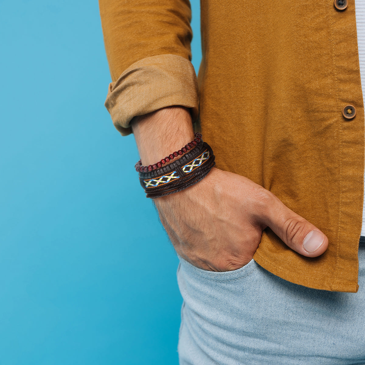 Mens Whirlybird Black, Burgundy And Multicoloured Stacker Bracelets