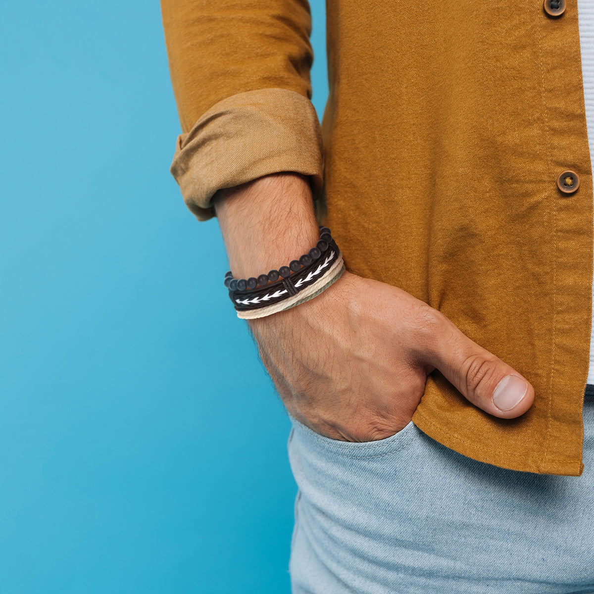 WBST143 - Mens Whirlybird Brown And White Braided Stacker Bracelets