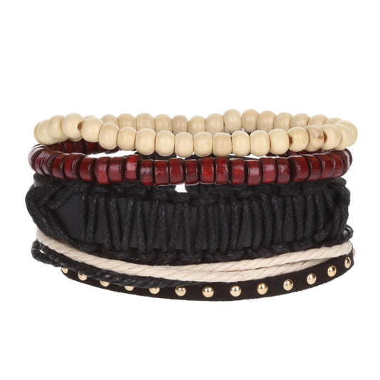 WBST144 - Mens Whirlybird Burgundy, Black And Cream Stacker Bracelets