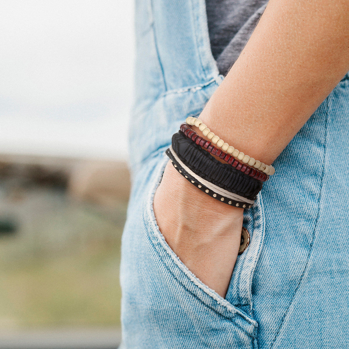 Mens Whirlybird Burgundy, Black And Cream Stacker Bracelets