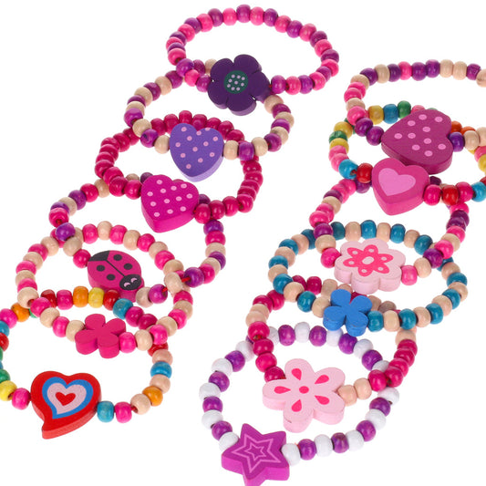 PBW12C - Pack Of 12 Girls Wooden Beaded Bracelets