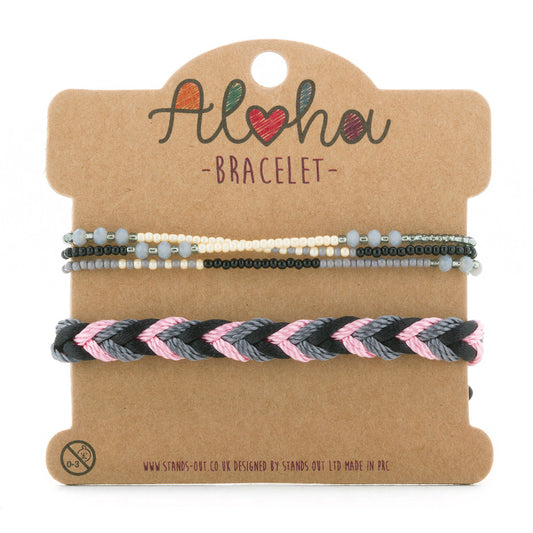 AL003 - Aloha Festival Multi Stack Bracelets -Grey And Pink
