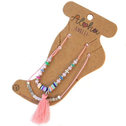 AL011 - Aloha Summer Anklet Bracelet -Multicoloured/Baby Pink Tassel