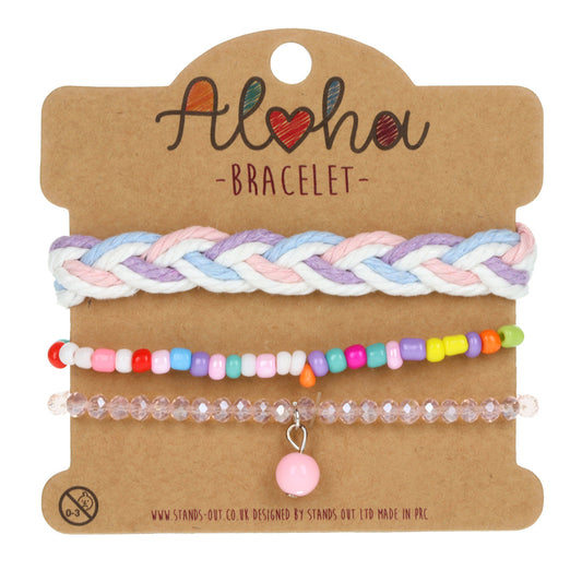 AL014 - Aloha Festival Multi Stack Bracelets - Pastel Braid/Pink Charm