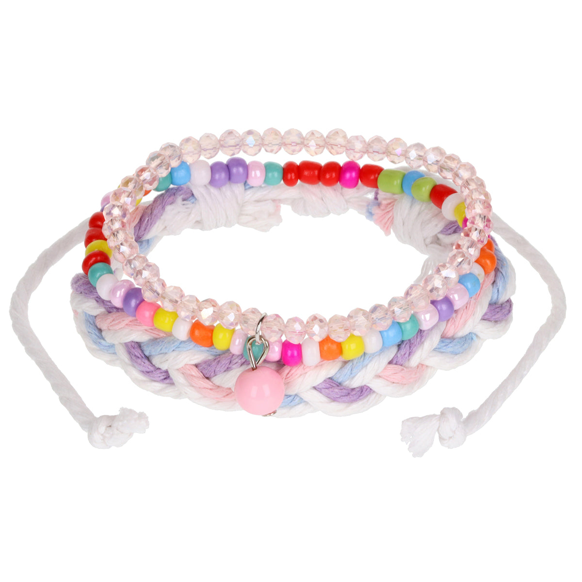 AL014 - Aloha Festival Multi Stack Bracelets - Pastel Braid/Pink Charm
