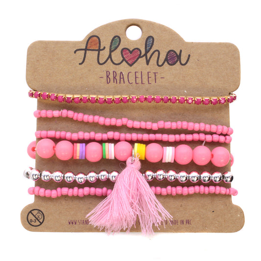 AL019 - Aloha Festival Multi Stack Bracelets  - Baby Pink/Tassel