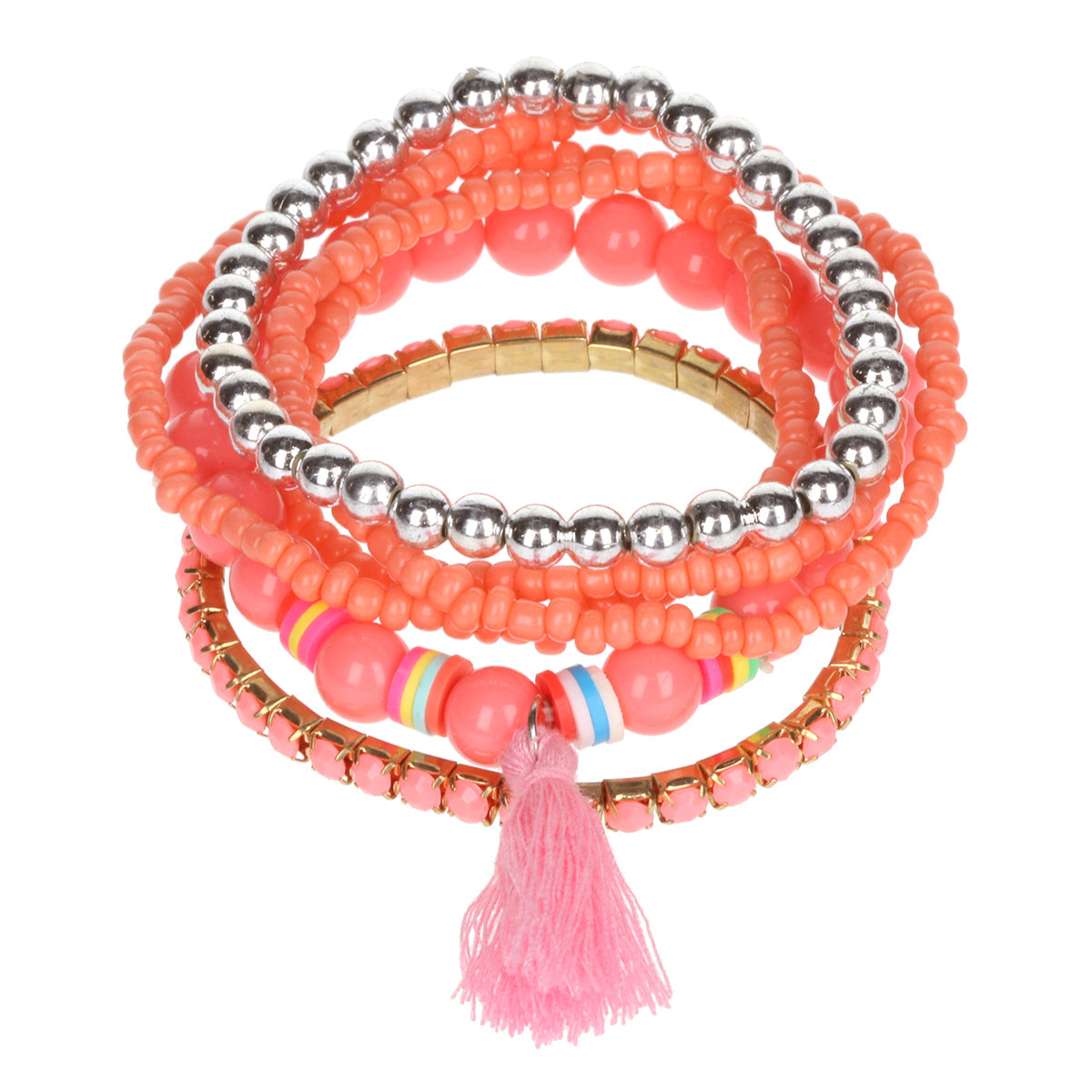AL019 - Aloha Festival Multi Stack Bracelets  - Baby Pink/Tassel