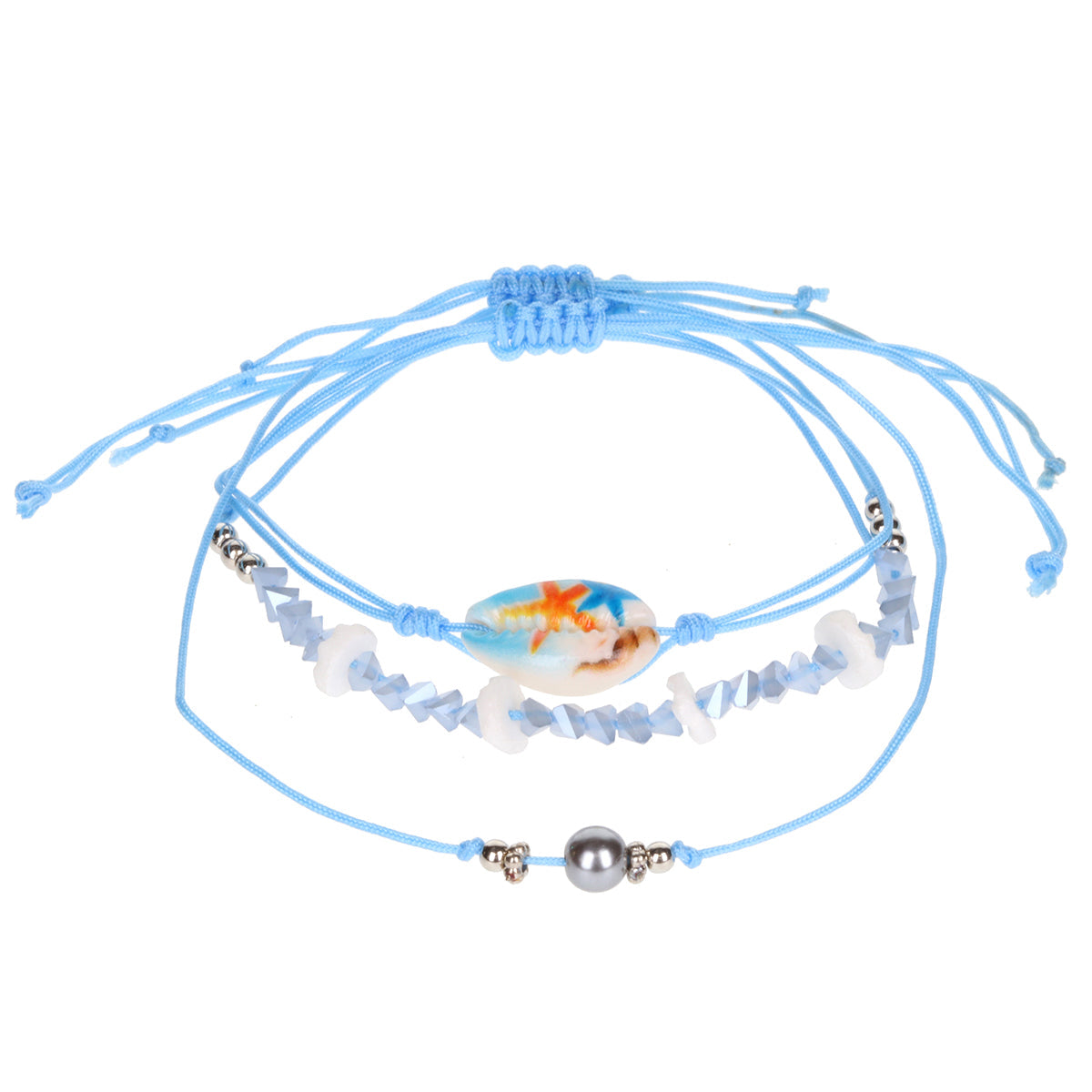 AL021 - Aloha Festival Multi Stack Bracelets - Blue And Grey/Shell Charm