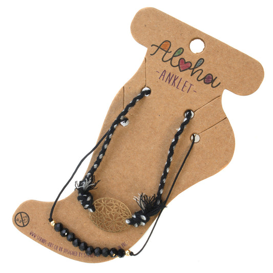 AL036 - Aloha Summer Anklet Bracelet - Black/Flower Charm