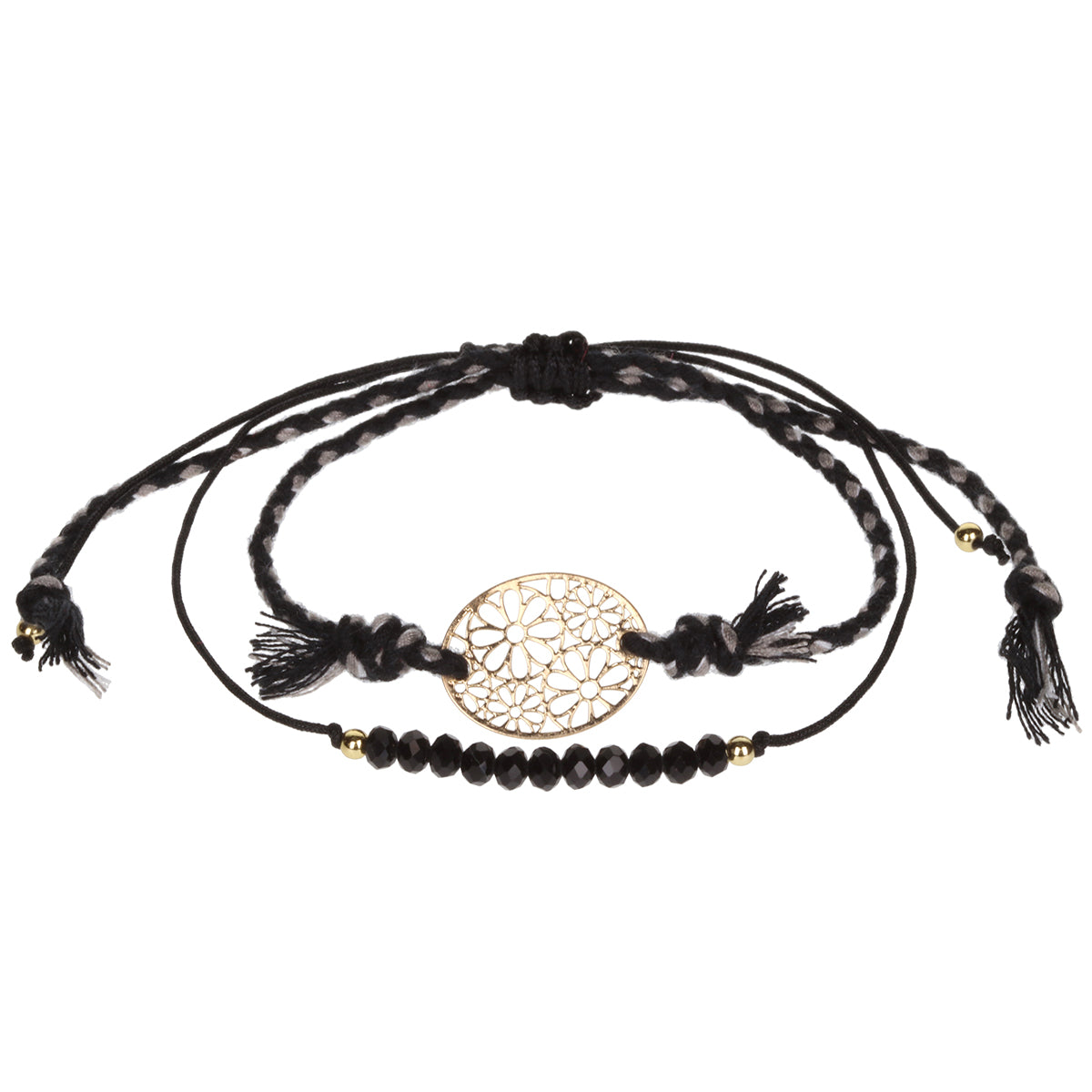 AL036 - Aloha Summer Anklet Bracelet - Black/Flower Charm