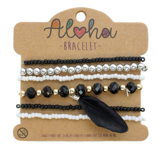 AL039 - Aloha Festival Multi Stack Bracelets - Black And White/Feather Charm