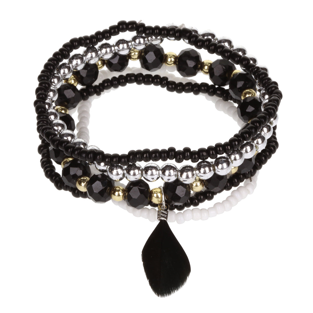 AL039 - Aloha Festival Multi Stack Bracelets - Black And White/Feather Charm