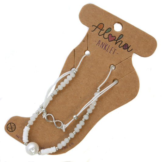 Aloha Summer Anklet Bracelet - White And Silver/Infinity Charm